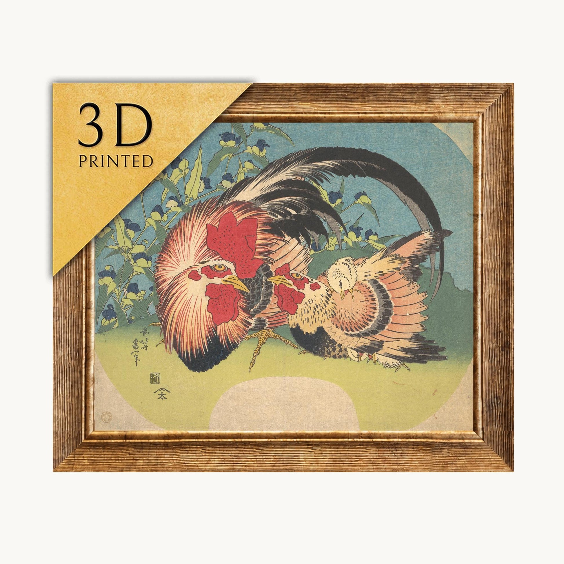 Hokusai Rooster and Hen Print: Textured 3D Japanese Art