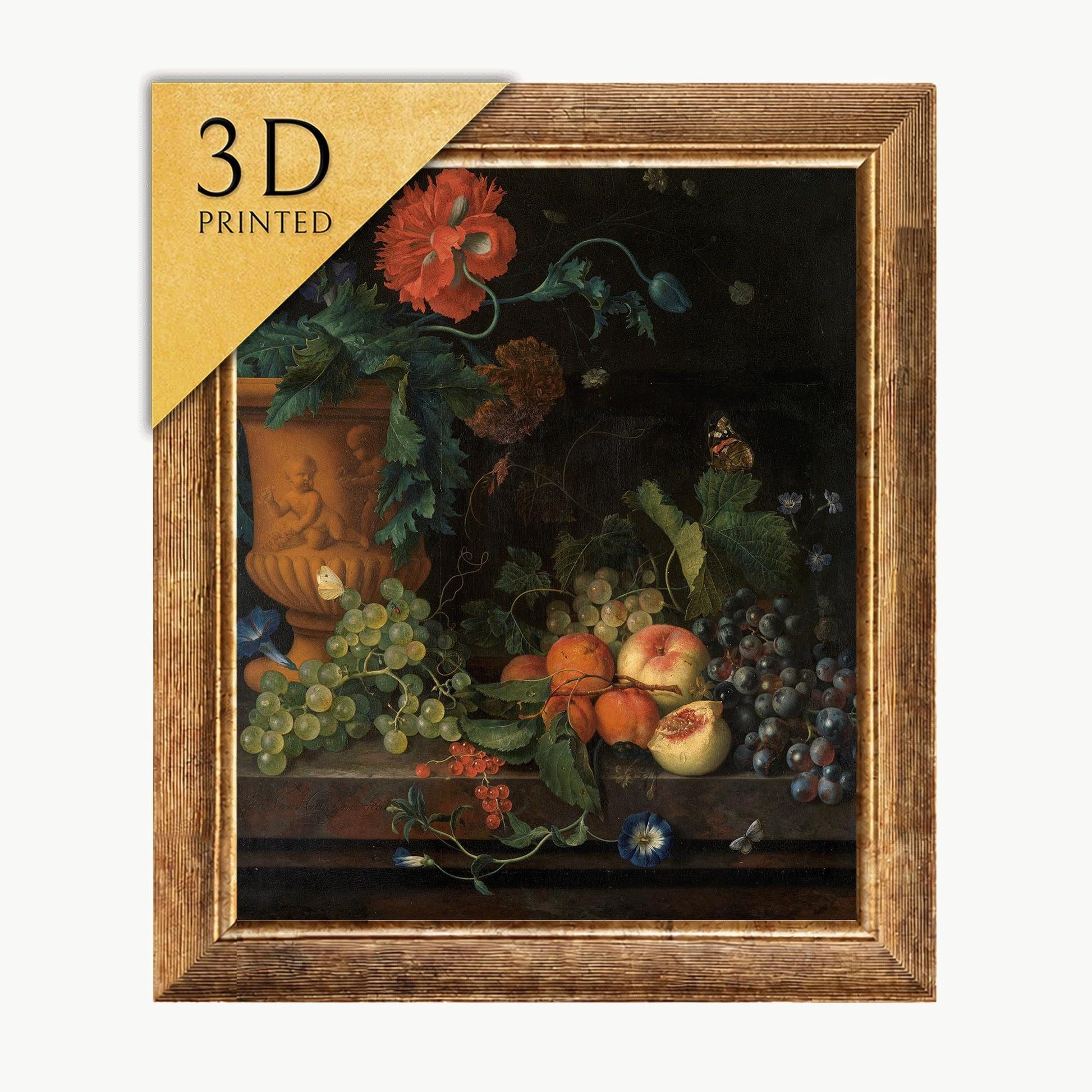 Jan van Huysum Still Life Print: Terracotta Vase, Flowers & Fruits (3D Printed)