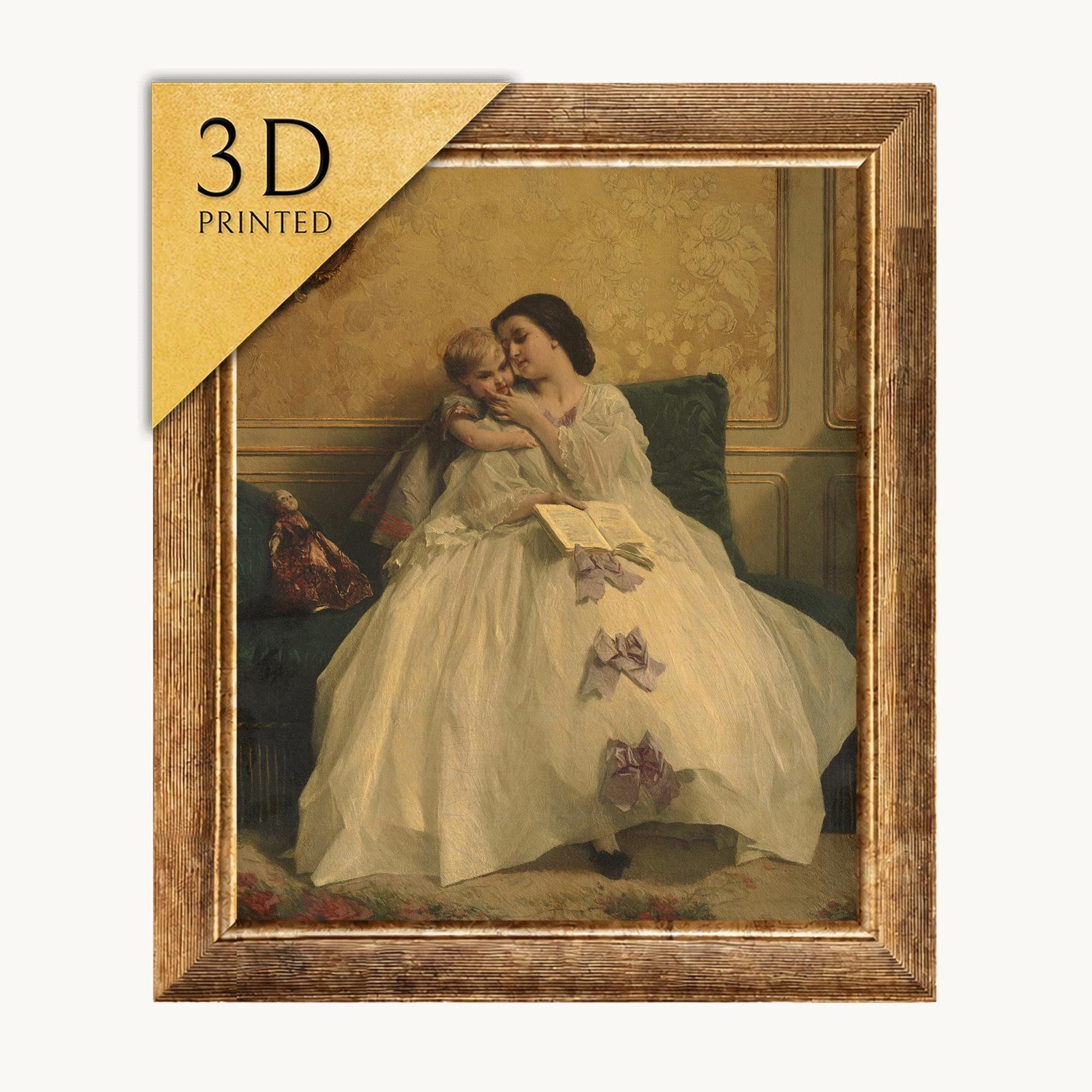 Mother and Child Art Print: 3D Textured Reproduction of Leonard de Jonghe Painting