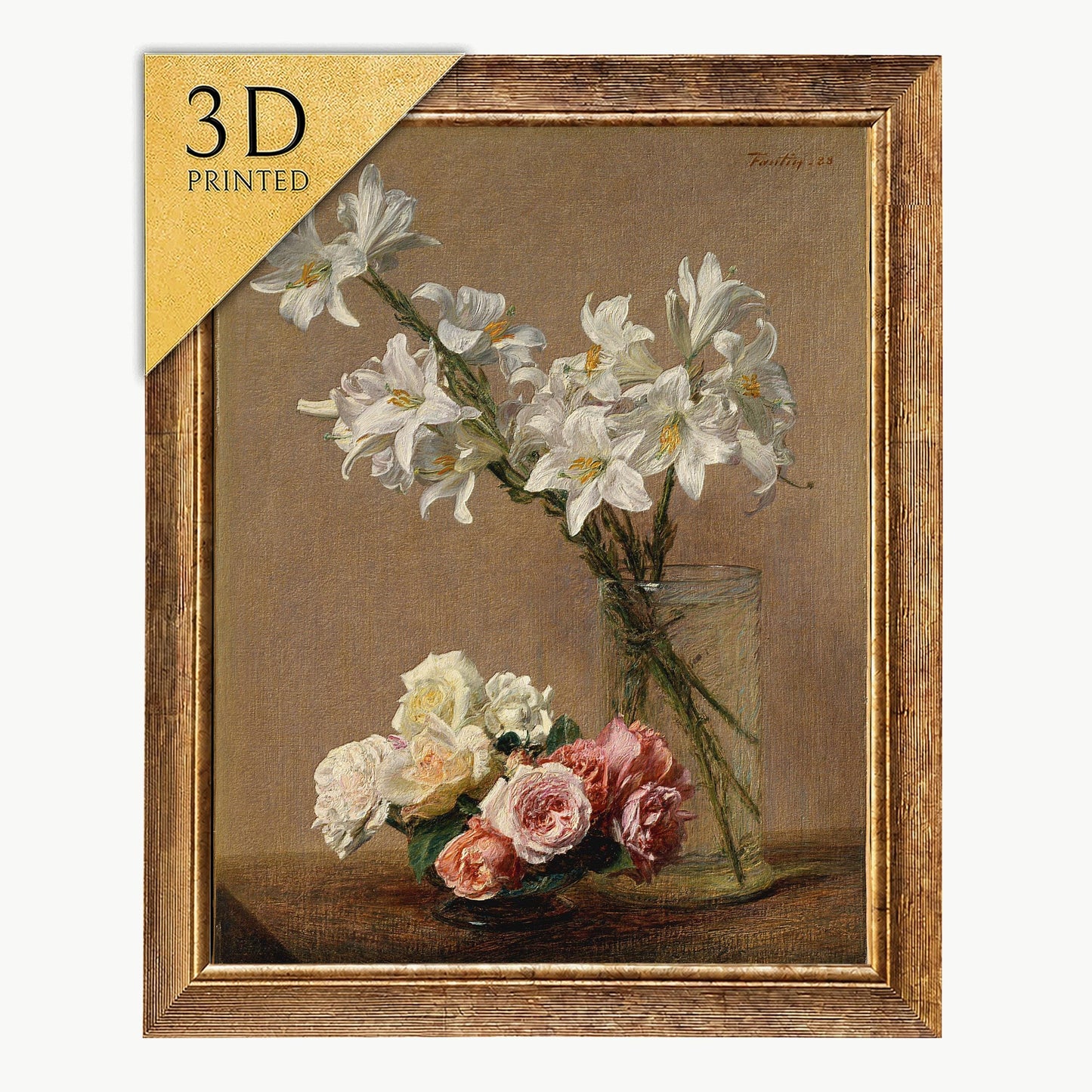 Roses and Lilies 3D Print by Henri Fantin Latour: Textured Floral Still Life