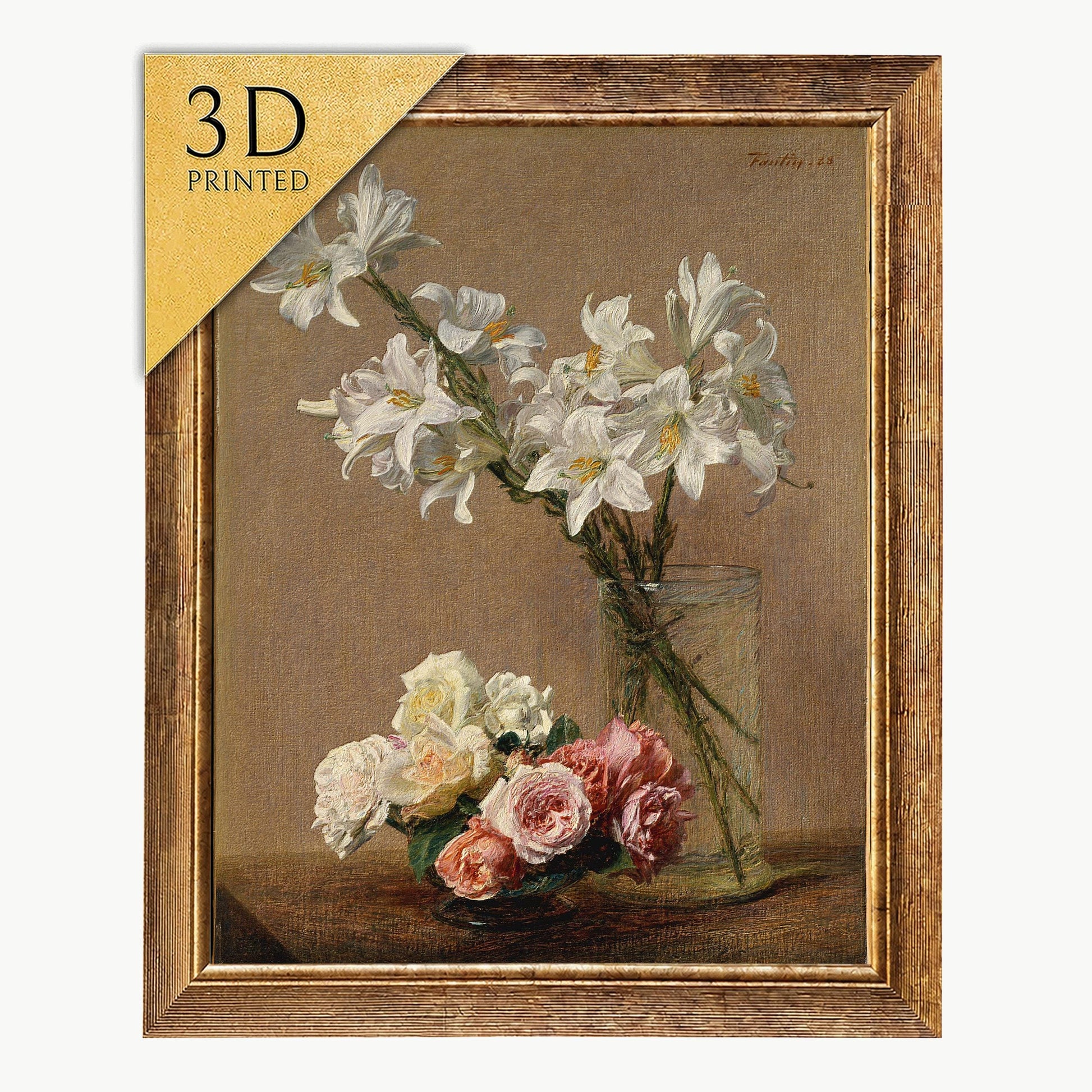 Roses and Lilies 3D Print by Henri Fantin Latour: Textured Floral Still Life