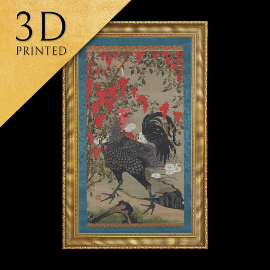 Black Rooster and Nandin by Itō Jakuchū, 3d Printed with texture and brush strokes looks like original oil-painting, code:475