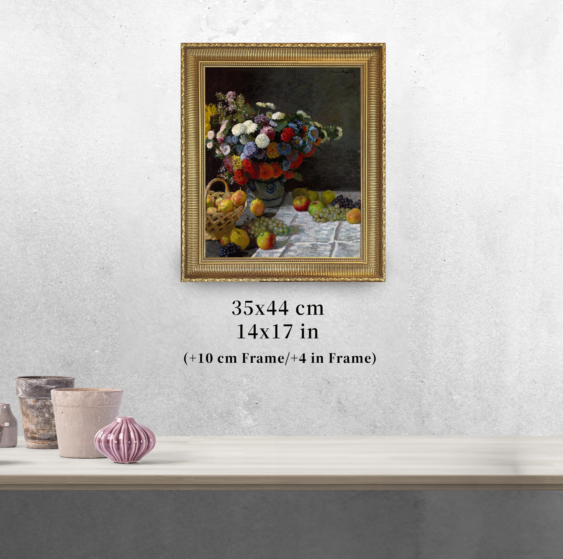 Still Life with Flowers and Fruit by Claude Monet, 3d Printed with texture and brush strokes looks like original oil-painting, code:009