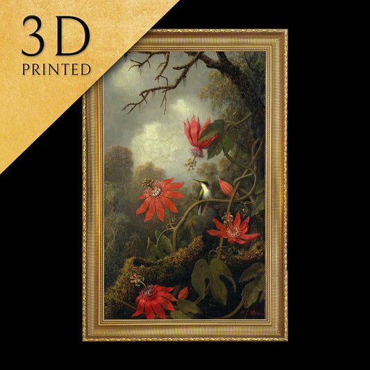 Hummingbird and Passionflowers by Martin Johnson Heade, 3d Printed with texture and brush strokes looks like original oil-painting, code:196