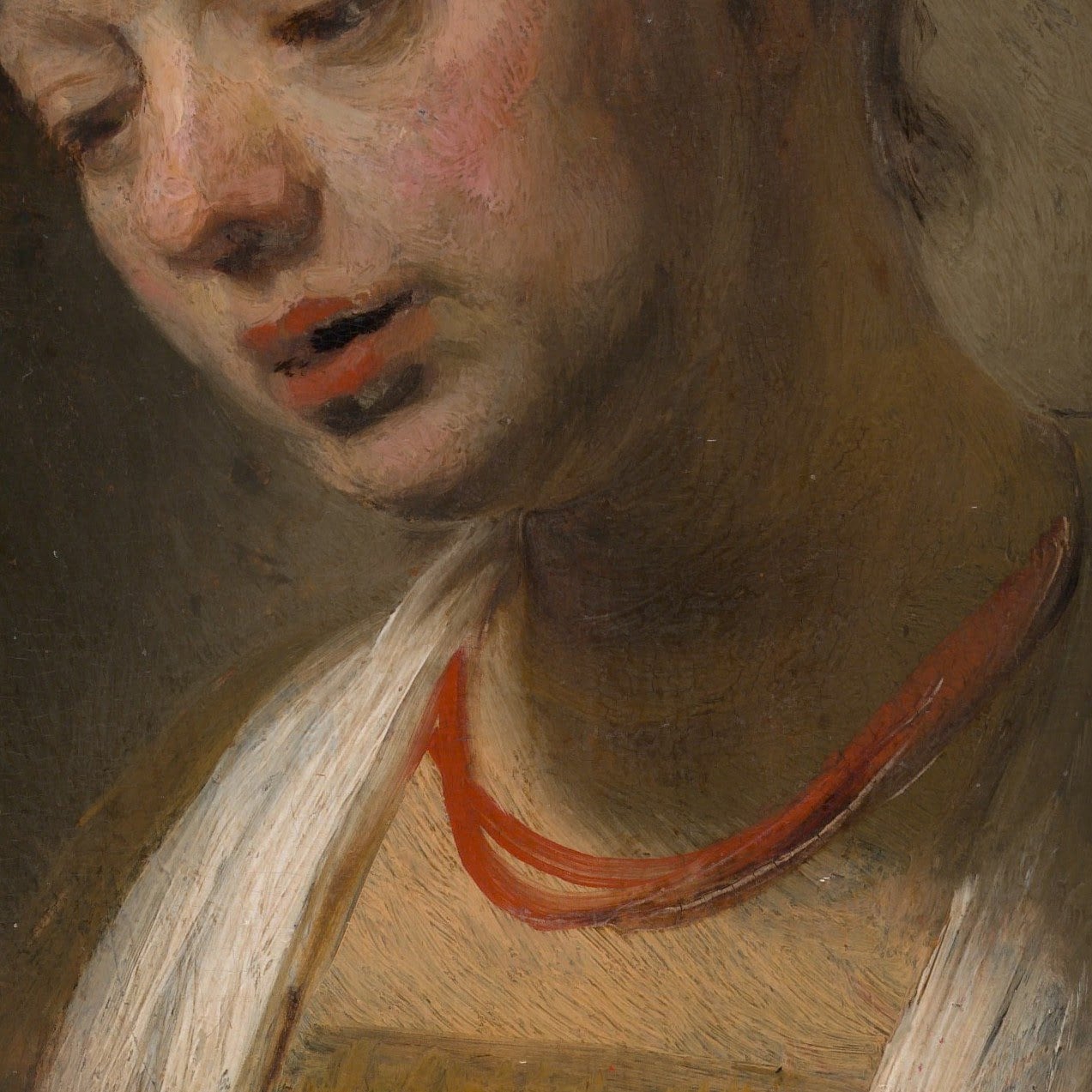 Young Woman with a Red Necklace by Rembrandt, 3d Printed with texture and brush strokes looks like original oil-painting, code:480