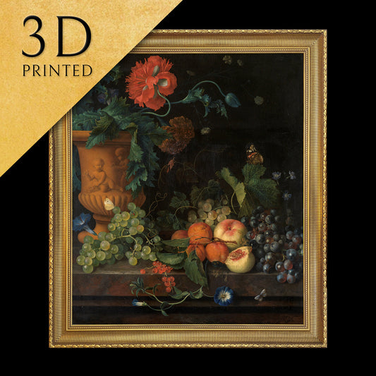 Terracotta Vase with Flowers and Fruits by Jan van Huysum, 3d Printed with texture and brush strokes looks like original painting, code:426