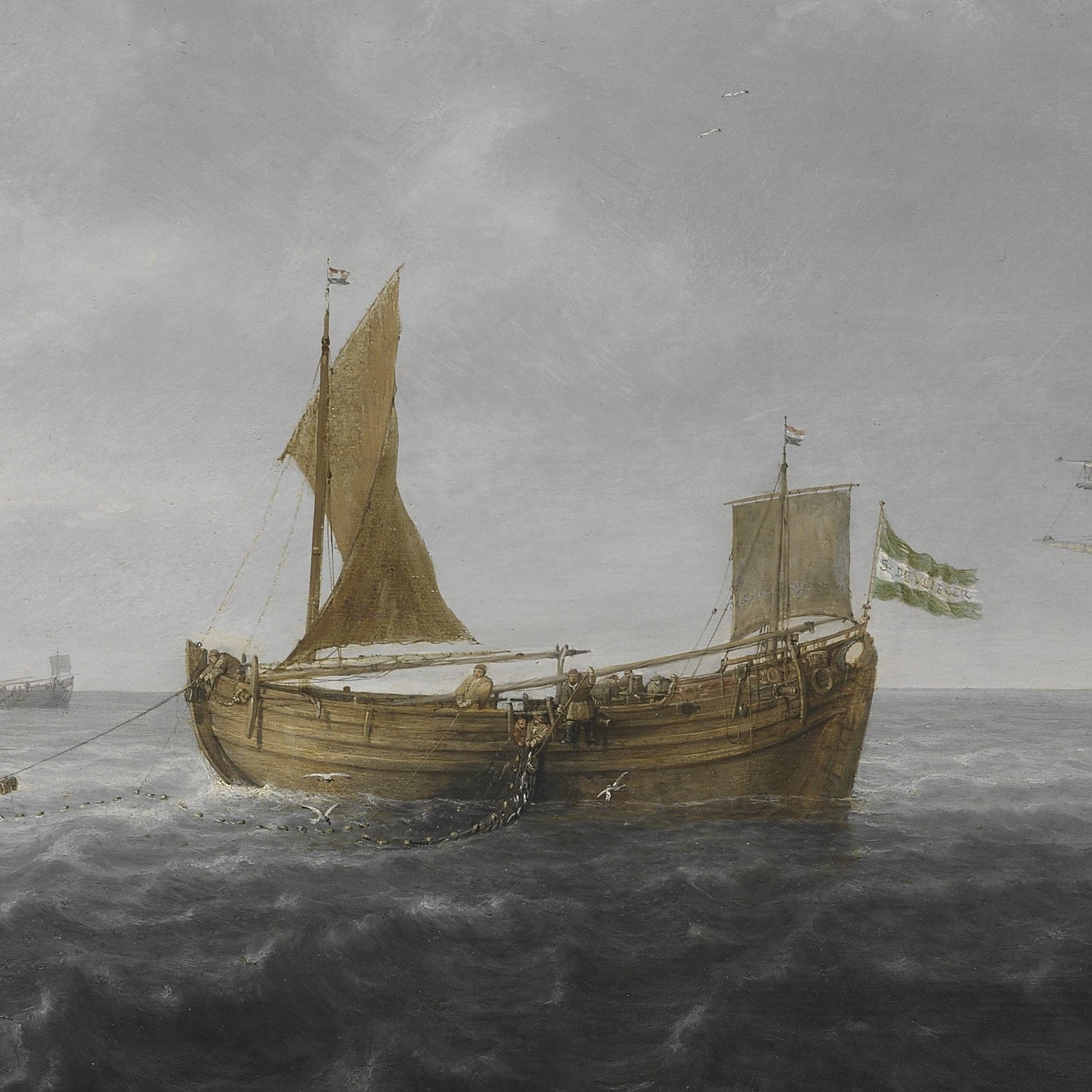 Boats Shooting their Nets by Simon de Vlieger-Dutch, 3d Printed with texture and brush strokes looks like original oil-painting, code:411