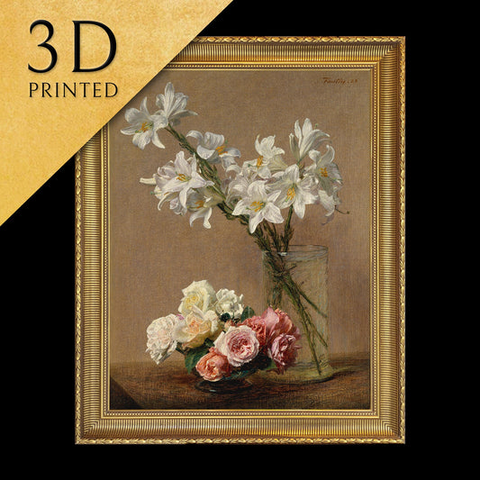 Roses and Lilies by Henri FantinLatour, 3d Printed with texture and brush strokes looks like original oil-painting, code:135