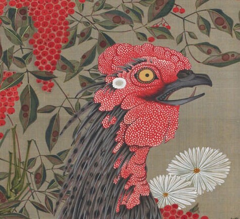 Black Rooster and Nandin by Itō Jakuchū, 3d Printed with texture and brush strokes looks like original oil-painting, code:475