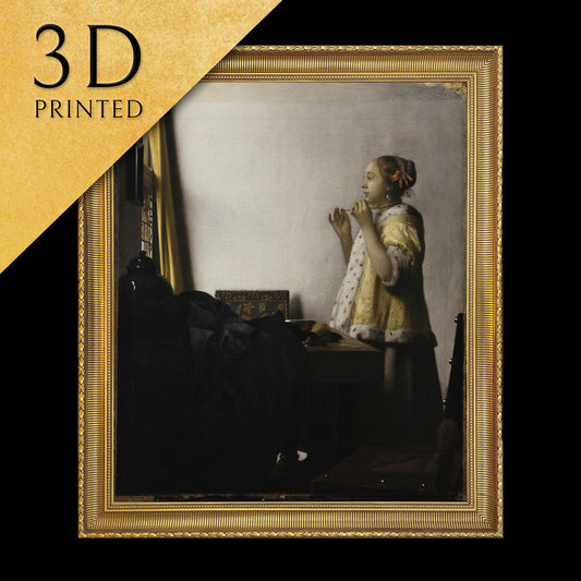 Young Woman with a Pearl Necklace by Johannes Vermeer, 3d Printed with texture and brush strokes looks like original oil-painting, code:498