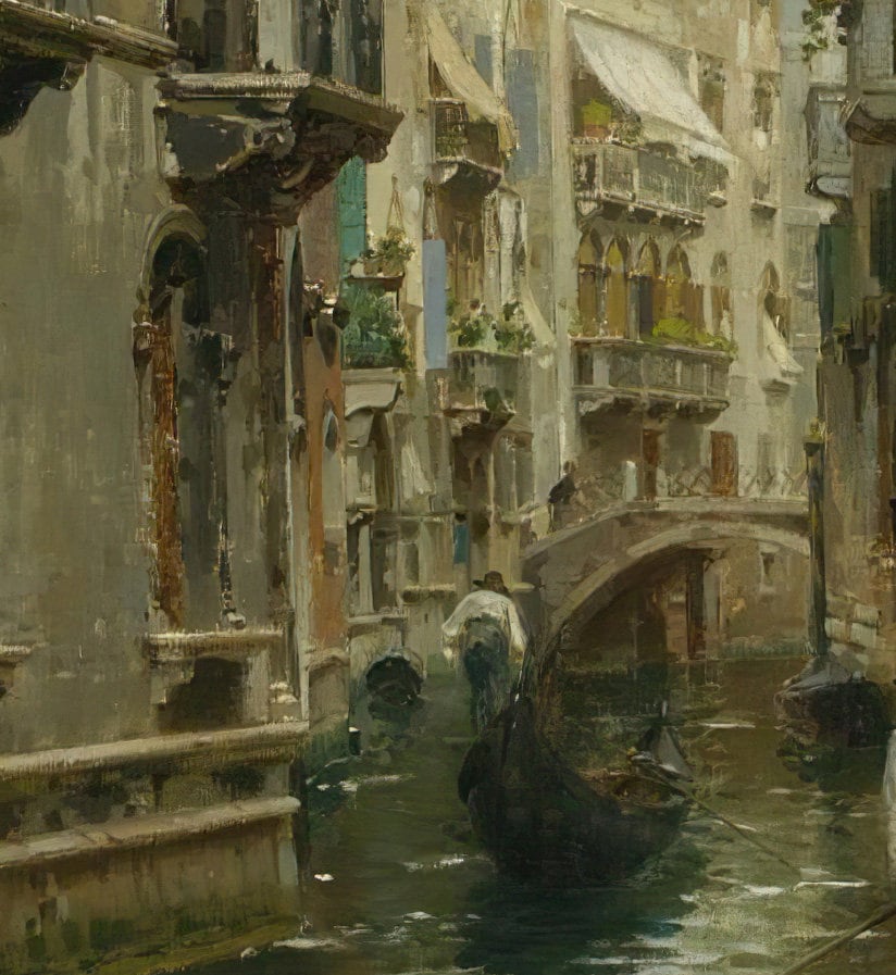 A Family Outing On A Venetian Canal by Rubens Santoro , 3d Printed with texture and brush strokes looks like original oil-painting, code:537